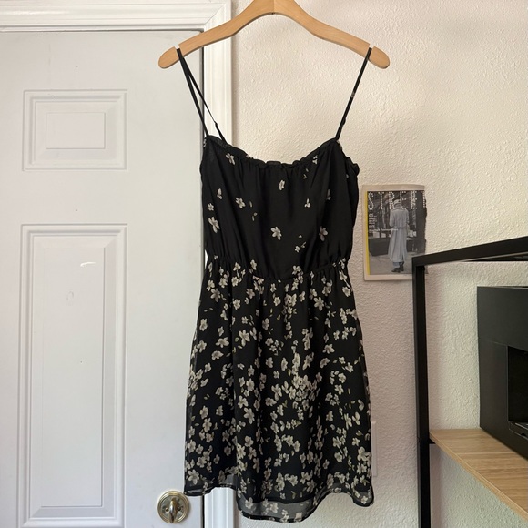 REFORMATION black sheer viscose tan floral watercolor sleeveless mini dress
